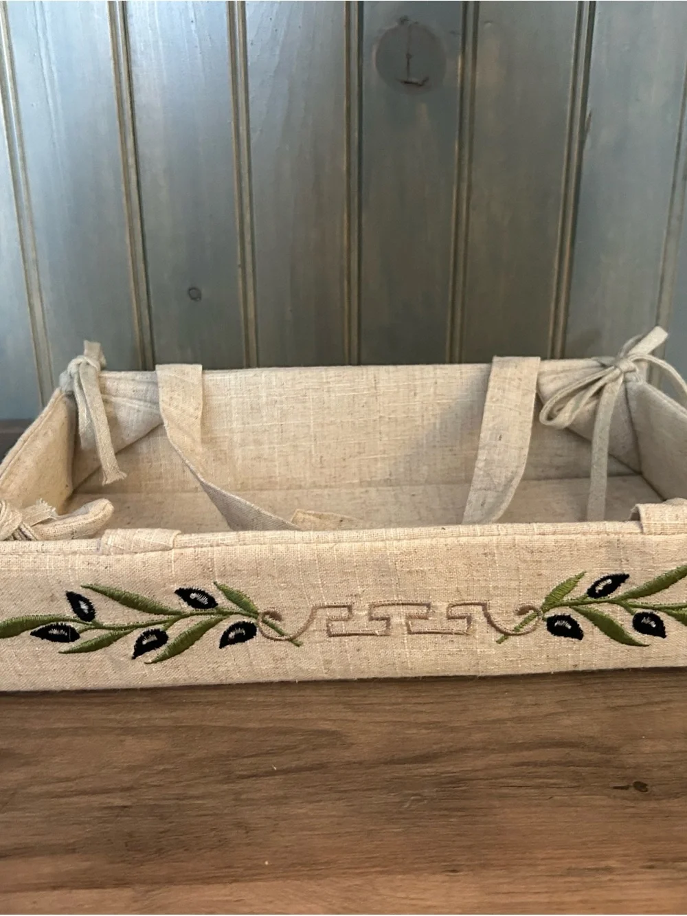 Neutral Embroidered Linen Tray with Olive Leaf Accent